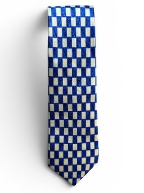 Lanvin Blue and White Checkerboard Silk Tie